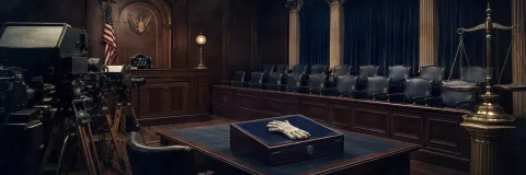 Television cameras and an evidence glove in a 1990s courtroom