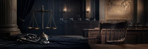 Stethoscope and scales in a solemn courtroom