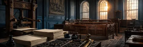 Colonial printing press beside a jury box at sunrise