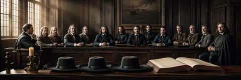 Seventeenth-century jury and Quaker hats in a historic courtroom