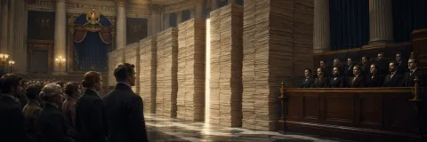 Stacks of legislation separating citizens from a jury box
