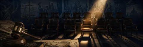 Gavel and instruction sheets casting shadows around jury chairs