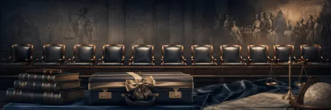 Lawyer's restrained briefcase facing an illuminated jury box