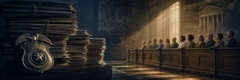 Police badge and case files casting shadows toward jury chairs