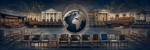 Globe surrounded by varied international courtroom seating