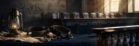 Broken shackles and lantern beside a historic jury bench