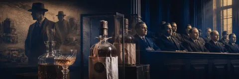 Prohibition-era glass and bottle as courtroom exhibits