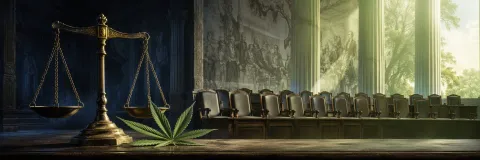 Cannabis leaf beside scales and jury chairs at dawn